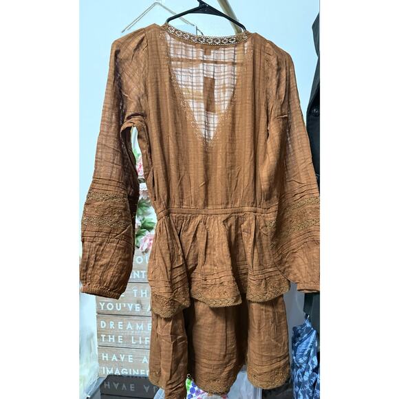 American Eagle BROWN Women's Embroidered Wrap Front Mini Dress, Small - Picture 4 of 7